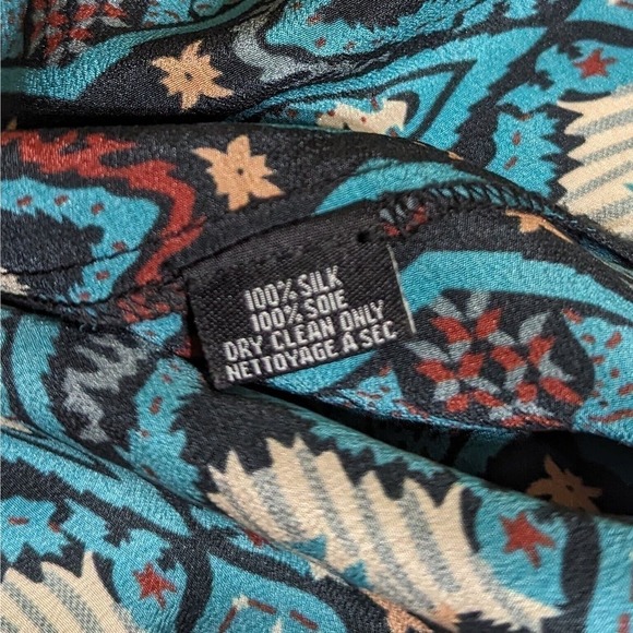 Tolani Silk Tunic Button Up Small Black Aqua Aztec Boho Blouse Prairie Roll Tab - Picture 7 of 8